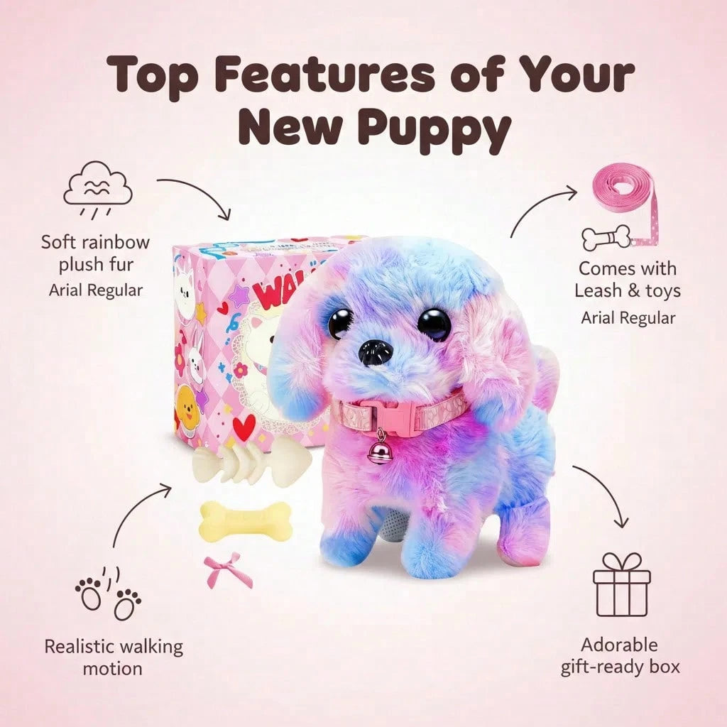 2026 New Rainbow Plush Electronic Walking Puppy Toy| Interactive Barking & Tail-Wagging Robot Dog| Comes With Leash, Bone, Fishbone & Bow Accessories| Deluxe Gift Box For Easter, Christmas & Birthd