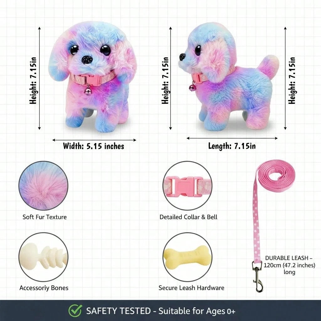 2026 New Rainbow Plush Electronic Walking Puppy Toy| Interactive Barking & Tail-Wagging Robot Dog| Comes With Leash, Bone, Fishbone & Bow Accessories| Deluxe Gift Box For Easter, Christmas & Birthd