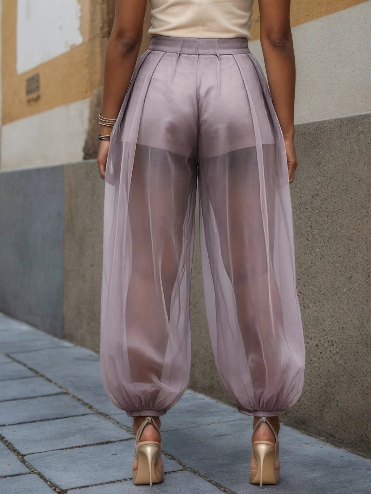 2026 New Semi-Transparent Mesh Solid Color Splicing Loose Semi-Transparent Bloomers Urban Casual Simple Leggings