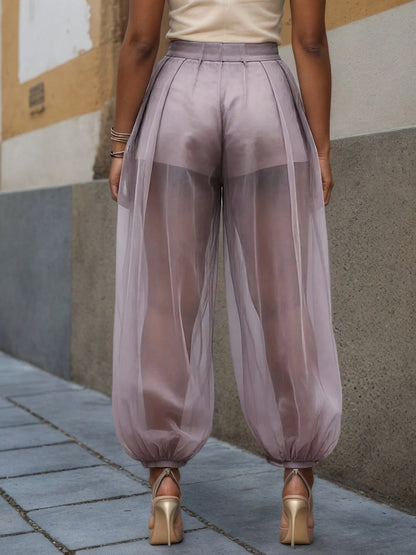 2026 New Semi-Transparent Mesh Solid Color Splicing Loose Semi-Transparent Bloomers Urban Casual Simple Leggings