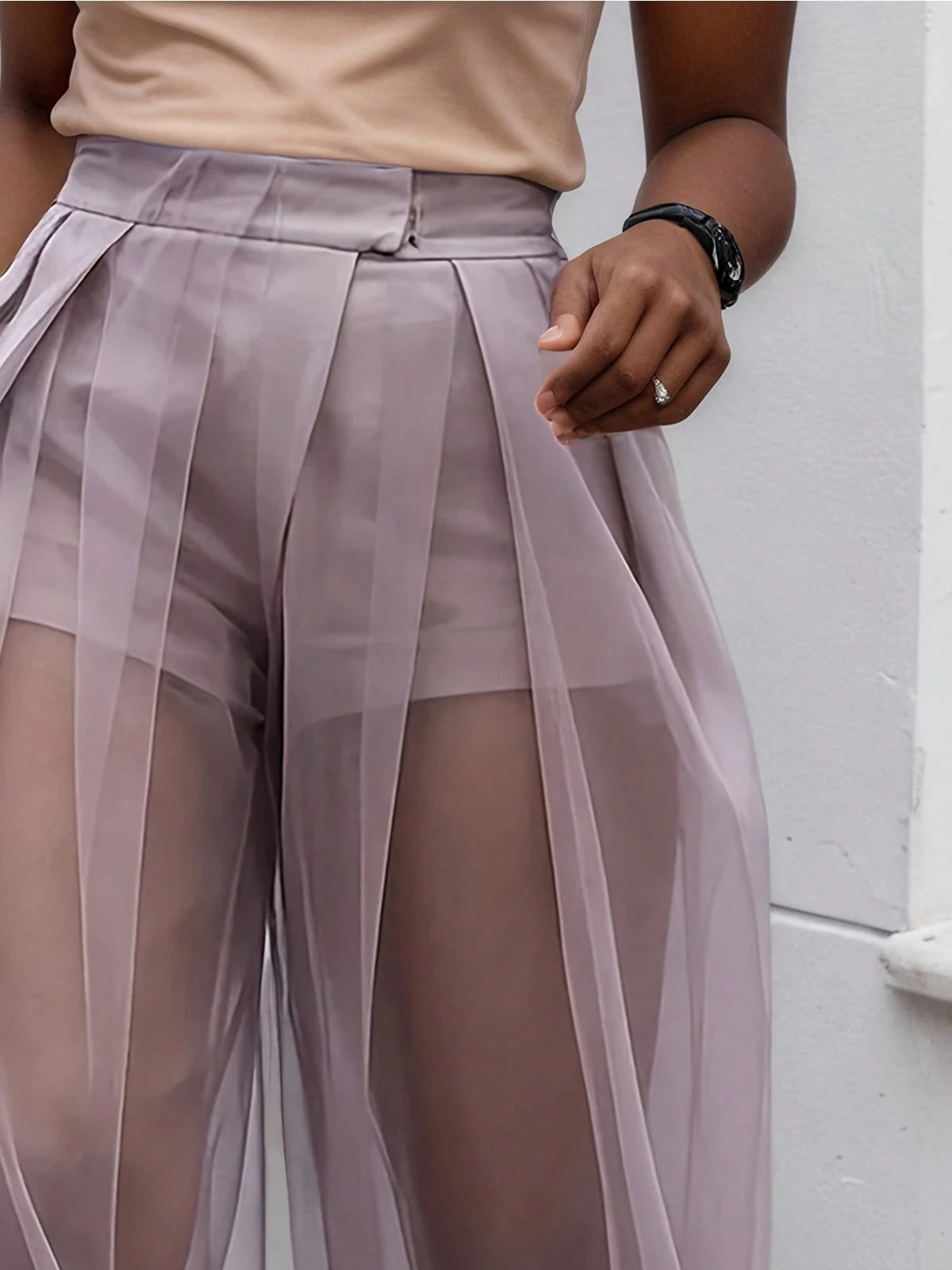 2026 New Semi-Transparent Mesh Solid Color Splicing Loose Semi-Transparent Bloomers Urban Casual Simple Leggings