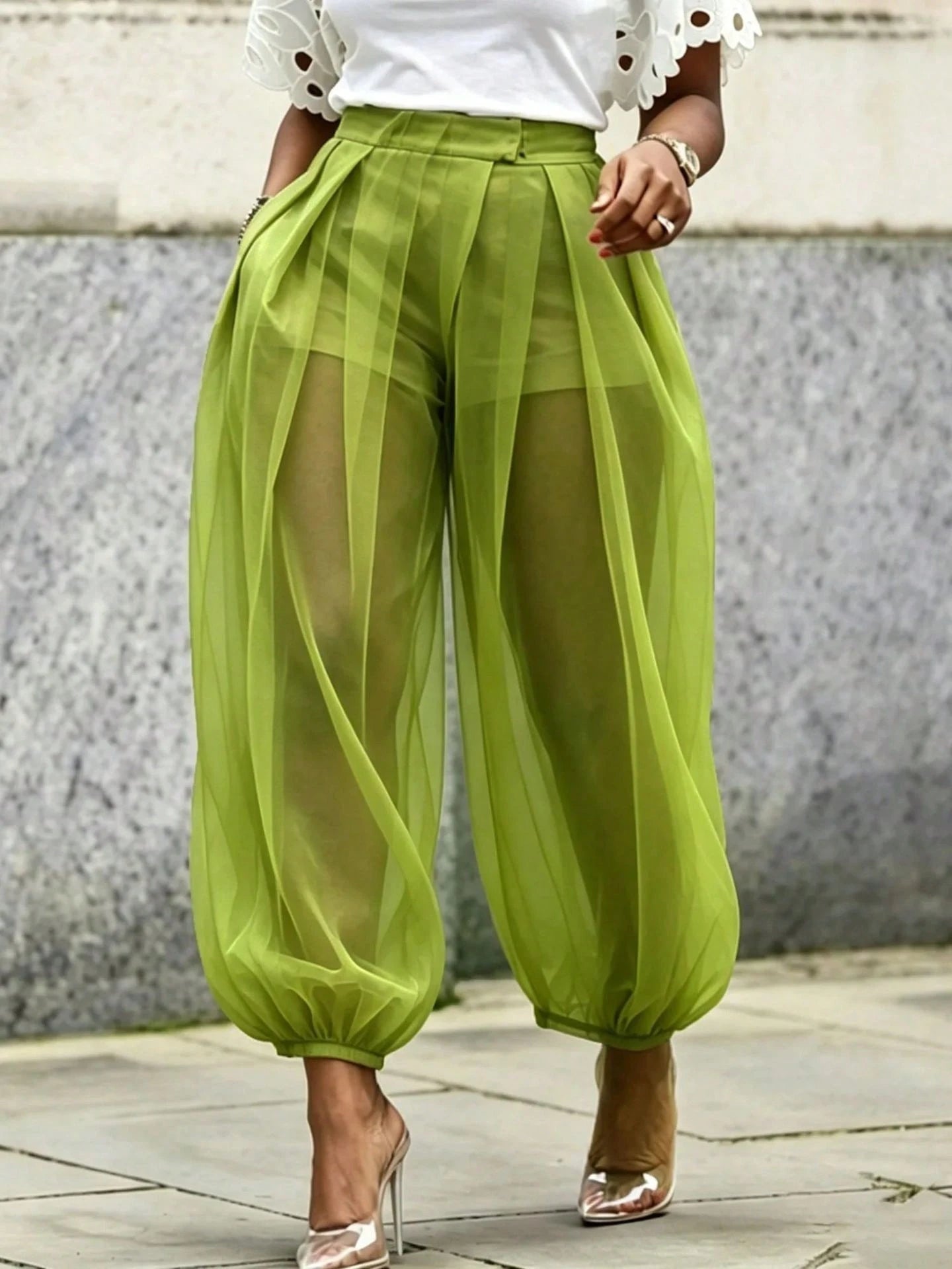2026 New Semi-Transparent Mesh Solid Color Splicing Loose Semi-Transparent Bloomers Urban Casual Simple Leggings