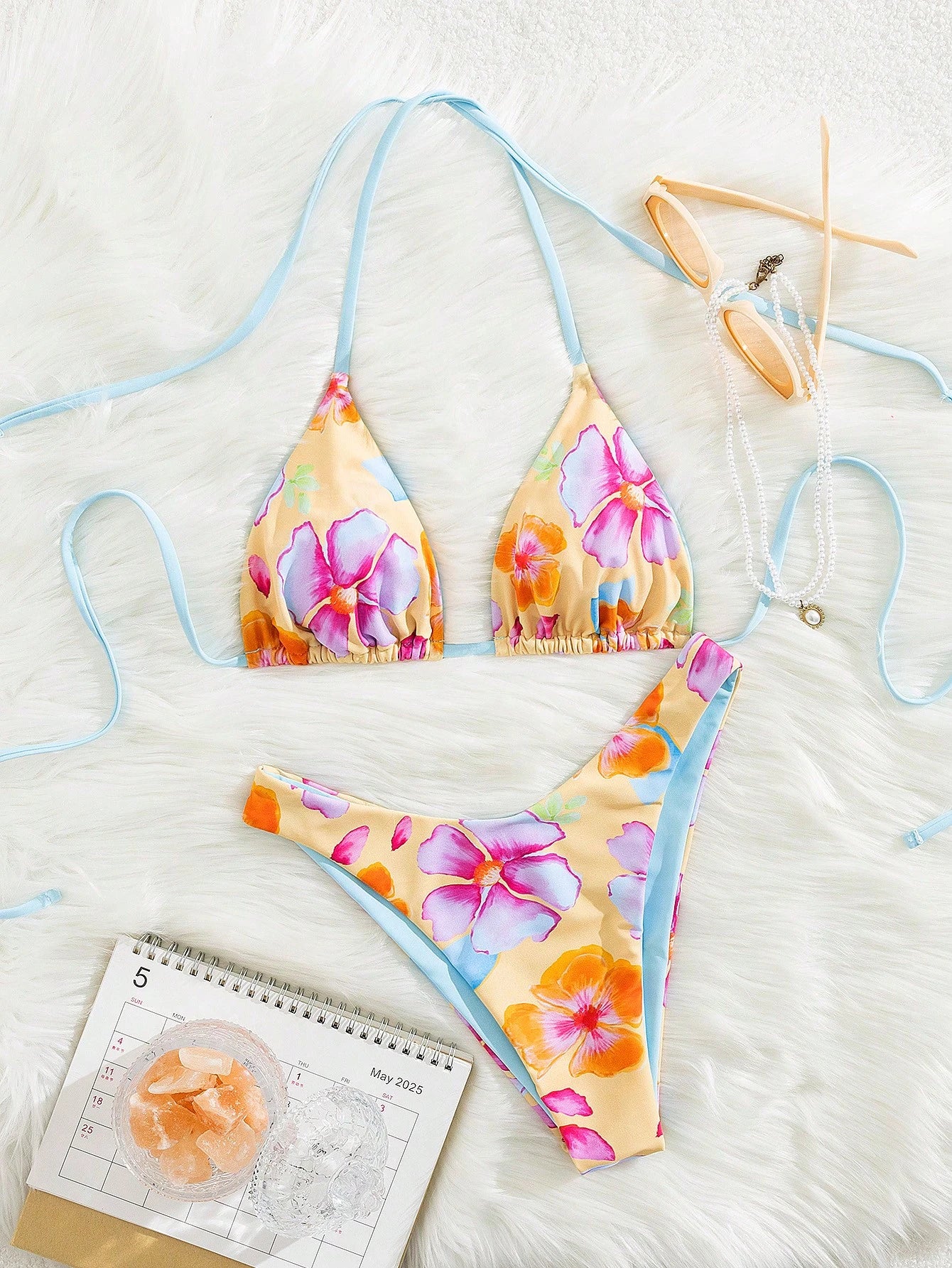 2026 New Tropical Floral Print Bikini Set, Spaghetti Strap Triangle Top Two Pieces Swimwear, Sexy Beach Holiday Swimwear, Suitable For Vacation, Swimming And Sports, Ideal For Spring/Summer 2026 Holid