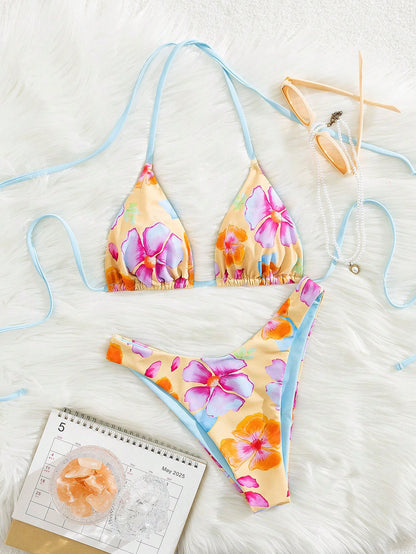2026 New Tropical Floral Print Bikini Set, Spaghetti Strap Triangle Top Two Pieces Swimwear, Sexy Beach Holiday Swimwear, Suitable For Vacation, Swimming And Sports, Ideal For Spring/Summer 2026 Holid