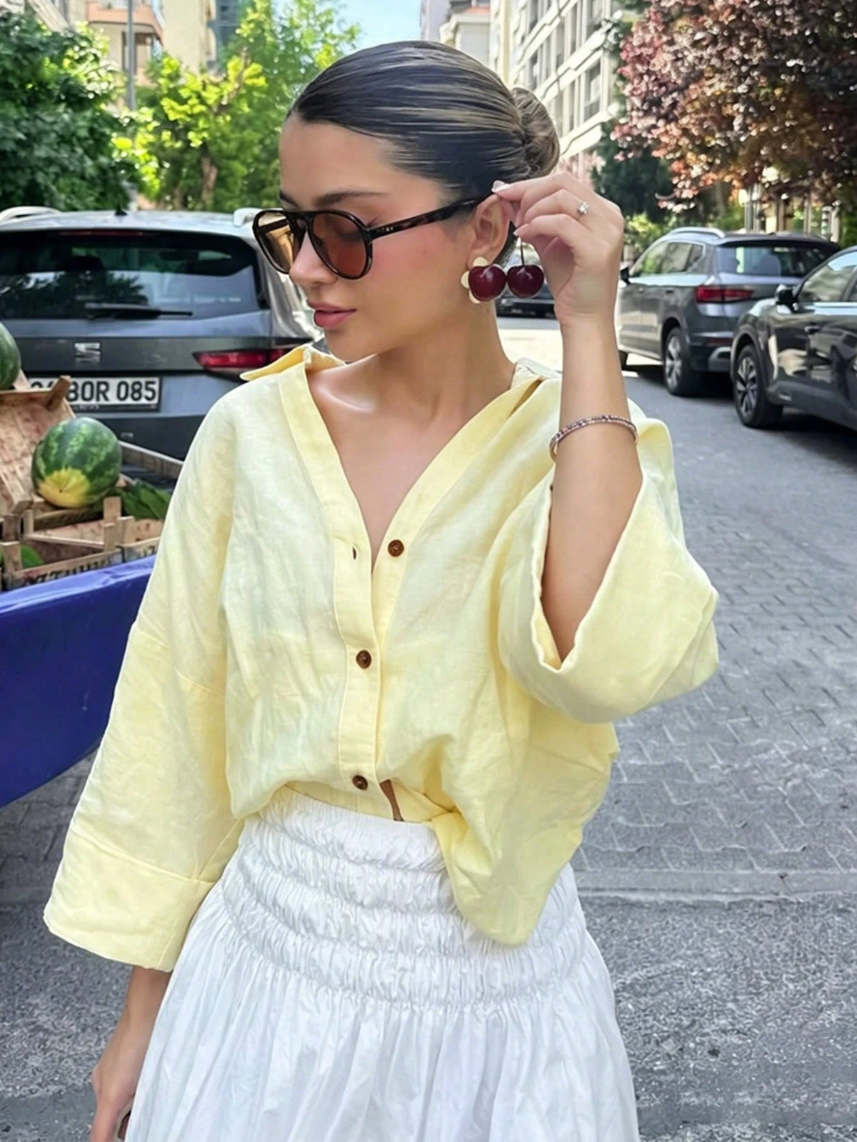 2026 Spring/Summer Buttercup Yellow Casual Women's Shirt, Basic Single-Breasted Lapel 3/4 Sleeve Beach Style Blouse, Elegant For Valentine's Day, Carnival, Beach Party, Aesthetic