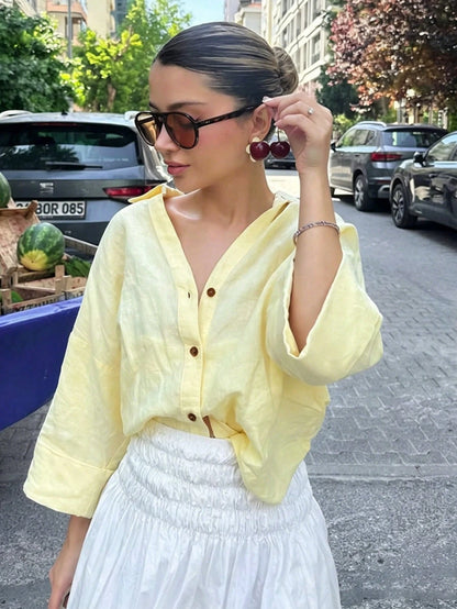 2026 Spring/Summer Buttercup Yellow Casual Women's Shirt, Basic Single-Breasted Lapel 3/4 Sleeve Beach Style Blouse, Elegant For Valentine's Day, Carnival, Beach Party, Aesthetic