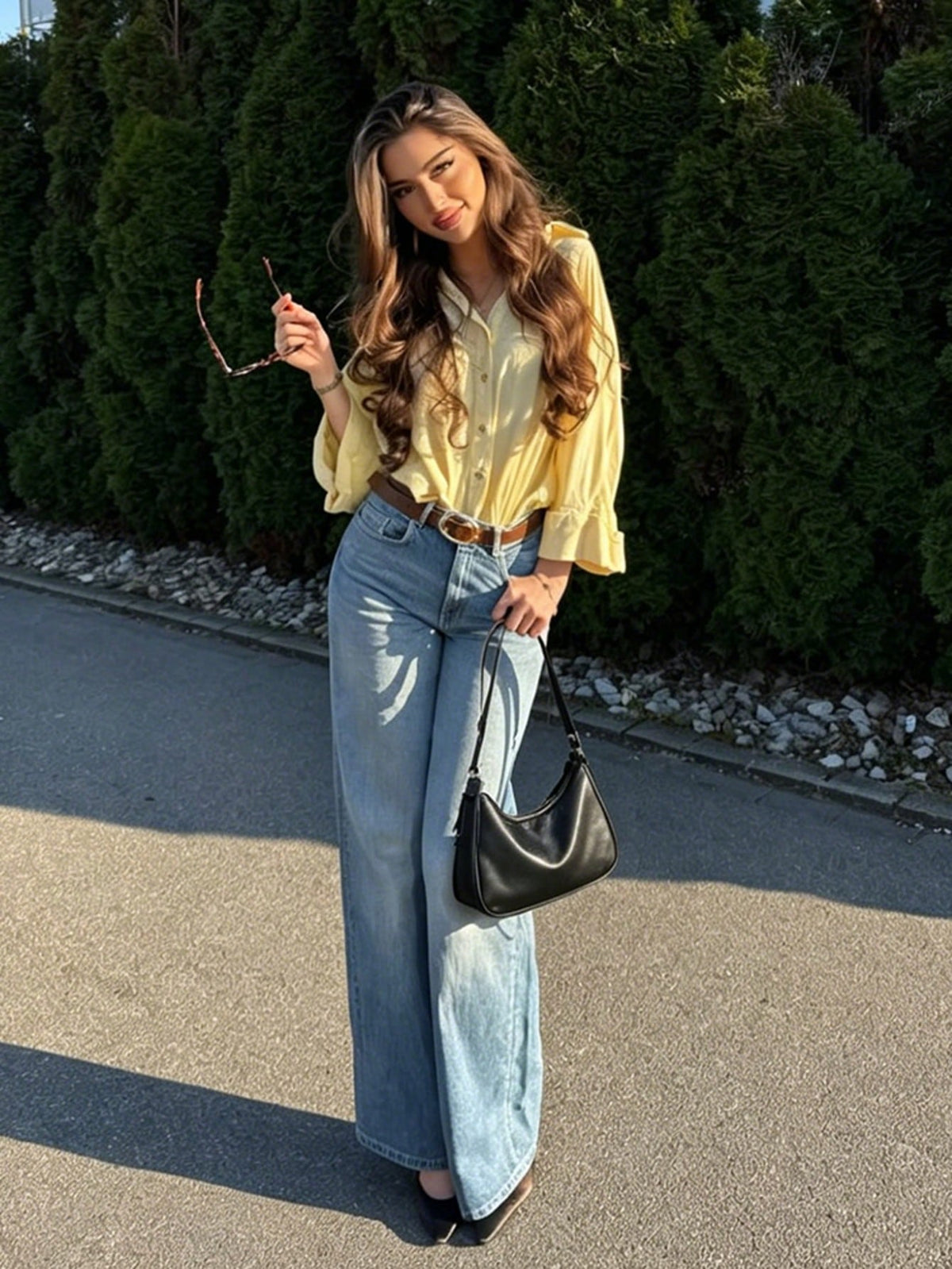 2026 Spring/Summer Buttercup Yellow Casual Women's Shirt, Basic Single-Breasted Lapel 3/4 Sleeve Beach Style Blouse, Elegant For Valentine's Day, Carnival, Beach Party, Aesthetic