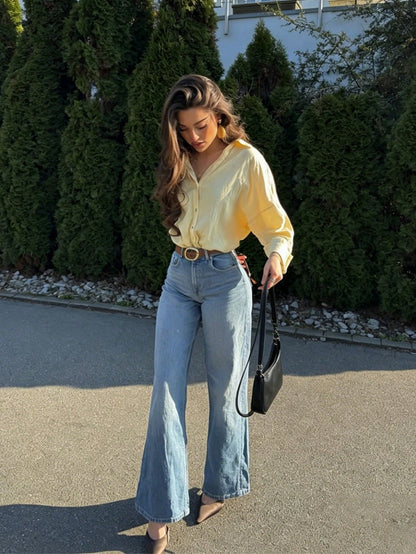 2026 Spring/Summer Buttercup Yellow Casual Women's Shirt, Basic Single-Breasted Lapel 3/4 Sleeve Beach Style Blouse, Elegant For Valentine's Day, Carnival, Beach Party, Aesthetic