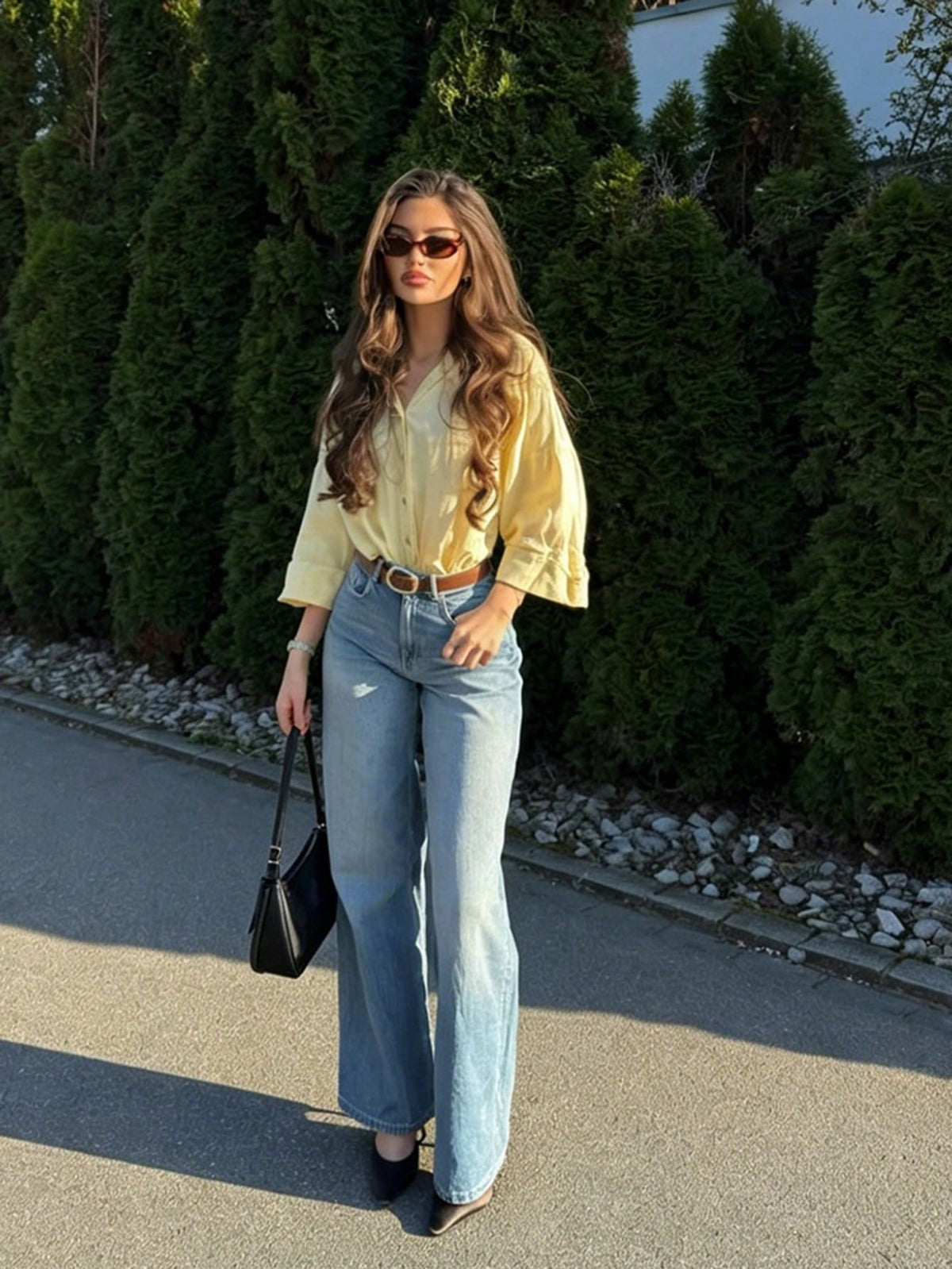 2026 Spring/Summer Buttercup Yellow Casual Women's Shirt, Basic Single-Breasted Lapel 3/4 Sleeve Beach Style Blouse, Elegant For Valentine's Day, Carnival, Beach Party, Aesthetic