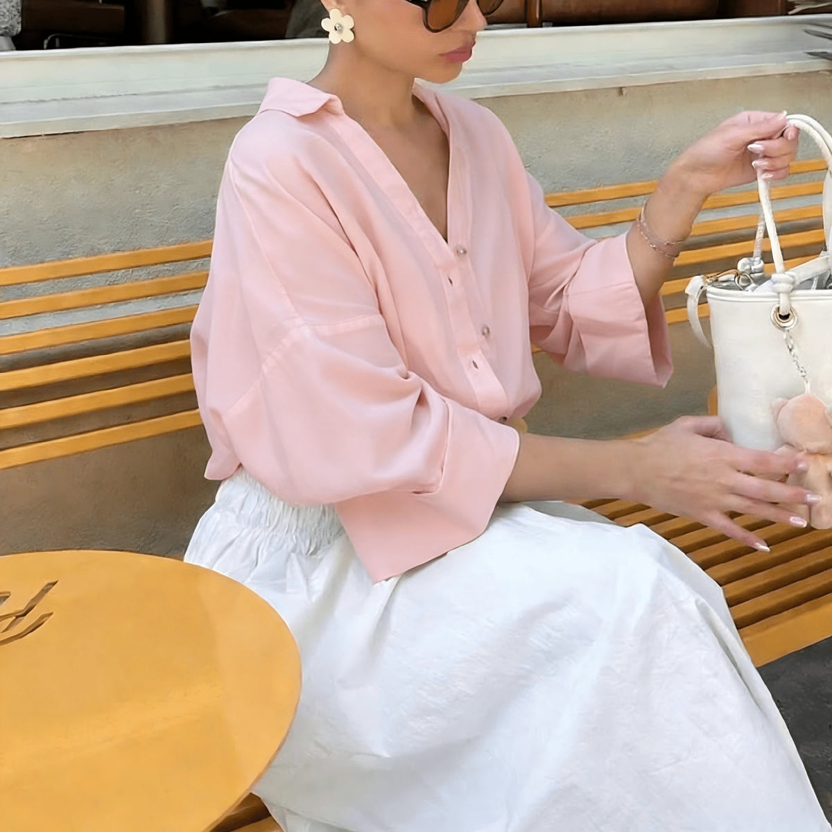 2026 Spring/Summer Buttercup Yellow Casual Women's Shirt, Basic Single-Breasted Lapel 3/4 Sleeve Beach Style Blouse, Elegant For Valentine's Day, Carnival, Beach Party, Aesthetic
