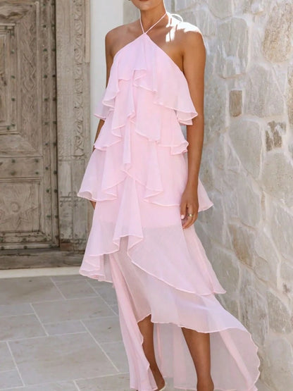 2026 Summer Elegant Solid Halter Neck Maxi Dress, Tiered Ruffle Layered Chiffon Irregular Split Hem Flowy Vacation Dress For Women Beach Wedding