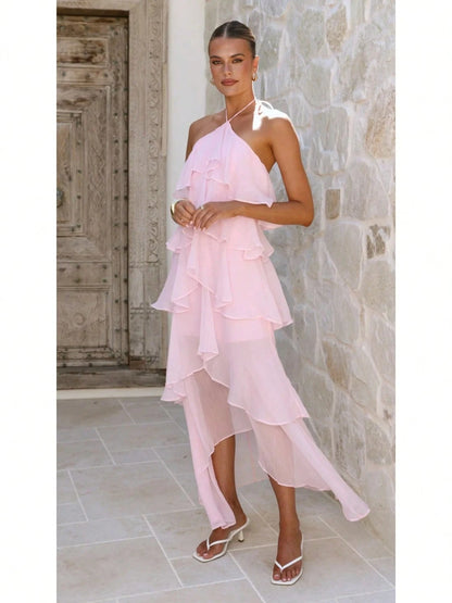 2026 Summer Elegant Solid Halter Neck Maxi Dress, Tiered Ruffle Layered Chiffon Irregular Split Hem Flowy Vacation Dress For Women Beach Wedding