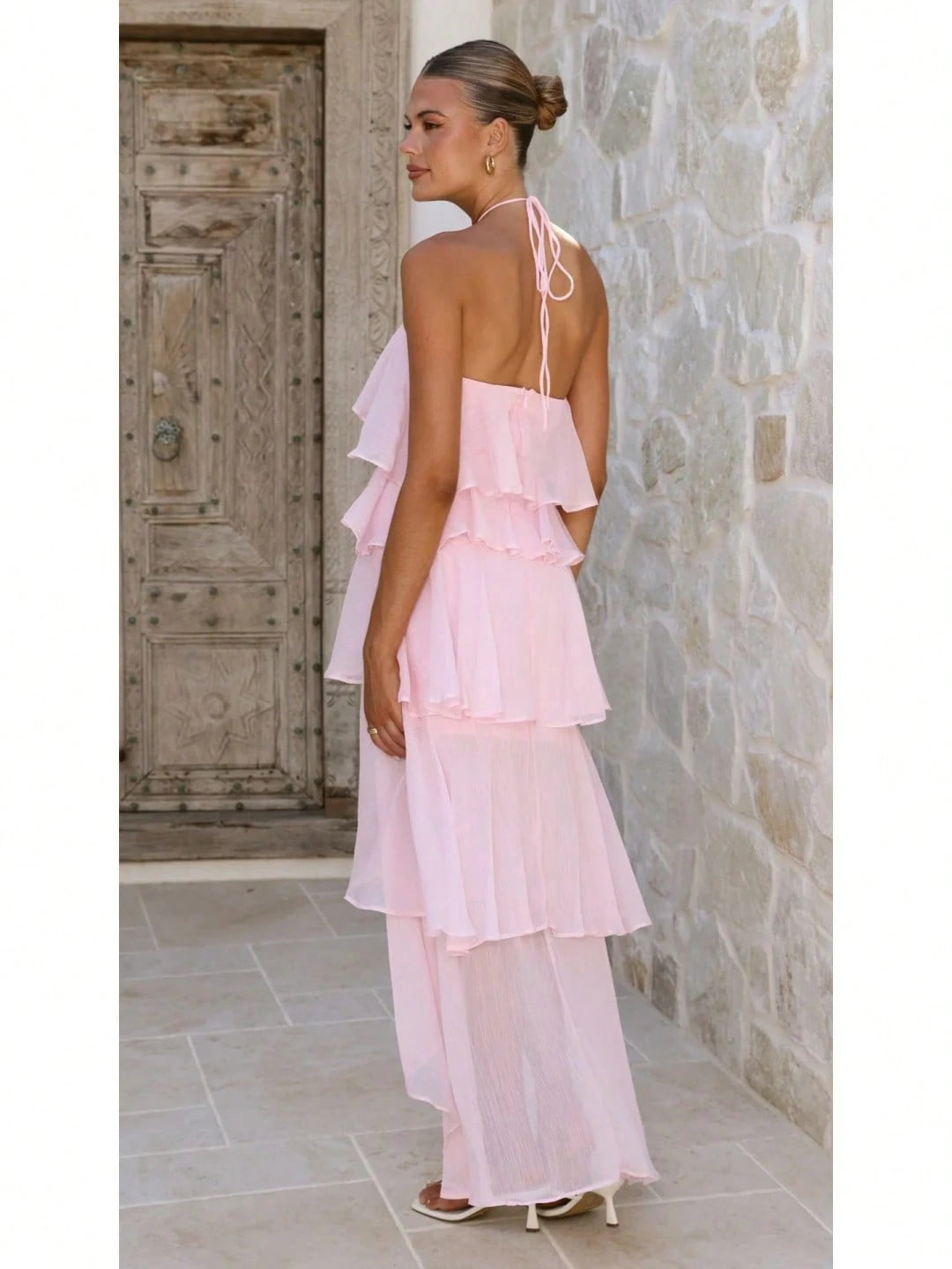 2026 Summer Elegant Solid Halter Neck Maxi Dress, Tiered Ruffle Layered Chiffon Irregular Split Hem Flowy Vacation Dress For Women Beach Wedding