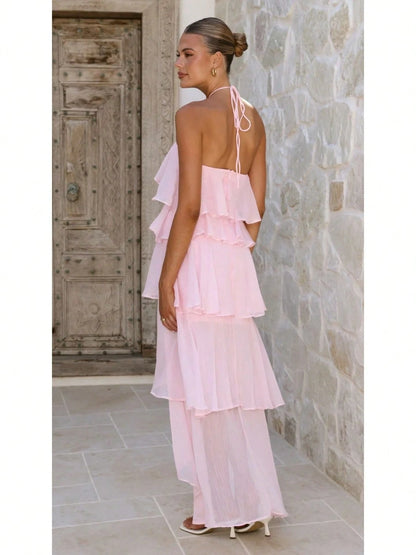 2026 Summer Elegant Solid Halter Neck Maxi Dress, Tiered Ruffle Layered Chiffon Irregular Split Hem Flowy Vacation Dress For Women Beach Wedding