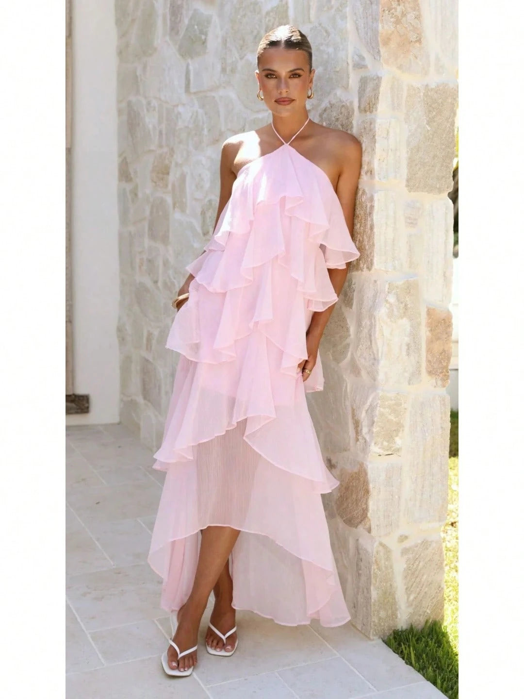 2026 Summer Elegant Solid Halter Neck Maxi Dress, Tiered Ruffle Layered Chiffon Irregular Split Hem Flowy Vacation Dress For Women Beach Wedding