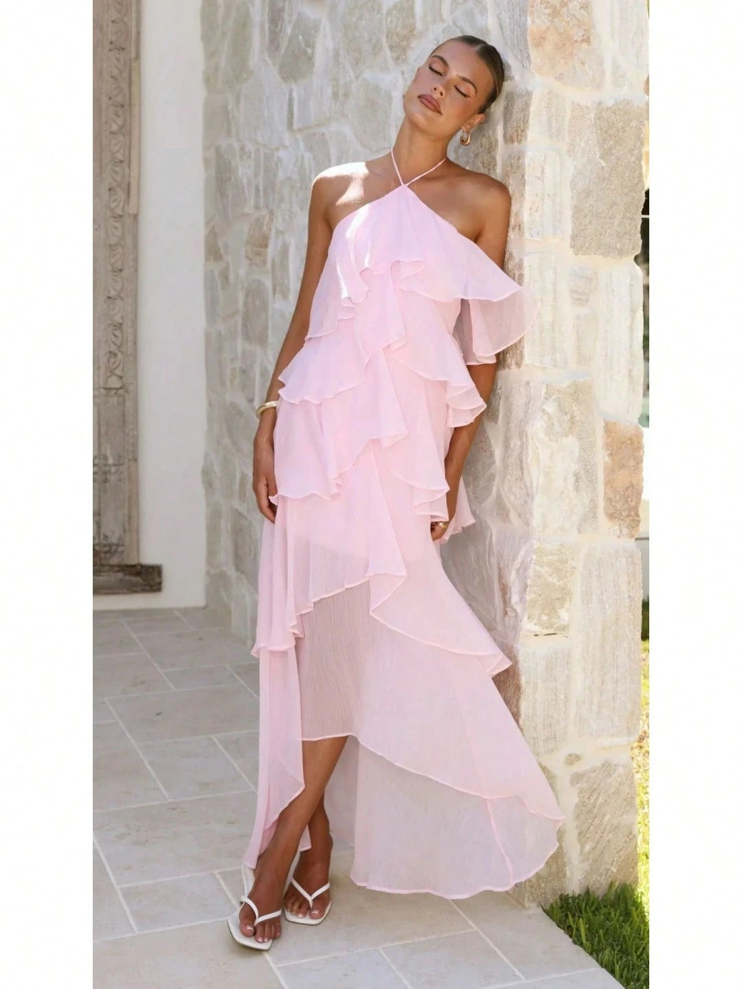 2026 Summer Elegant Solid Halter Neck Maxi Dress, Tiered Ruffle Layered Chiffon Irregular Split Hem Flowy Vacation Dress For Women Beach Wedding