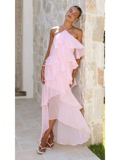 2026 Summer Elegant Solid Halter Neck Maxi Dress, Tiered Ruffle Layered Chiffon Irregular Split Hem Flowy Vacation Dress For Women Beach Wedding
