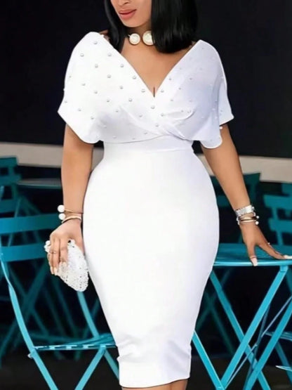2026 Summer New European Elegant Rhinestone V Neck Bodycon Waist Slim Short Sleeve Midi Dress
