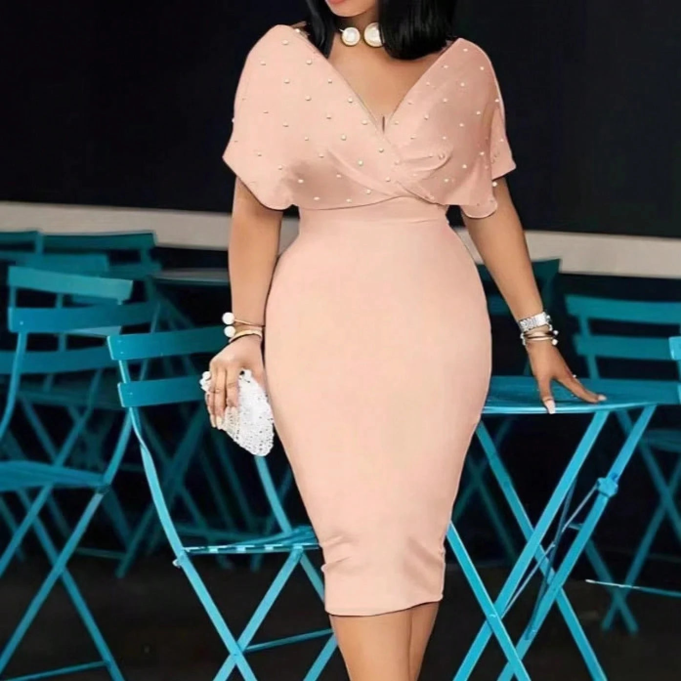2026 Summer New European Elegant Rhinestone V Neck Bodycon Waist Slim Short Sleeve Midi Dress