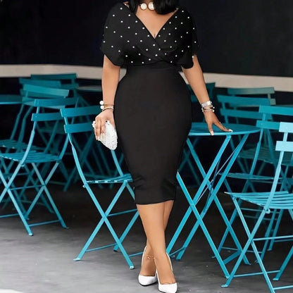 2026 Summer New European Elegant Rhinestone V Neck Bodycon Waist Slim Short Sleeve Midi Dress