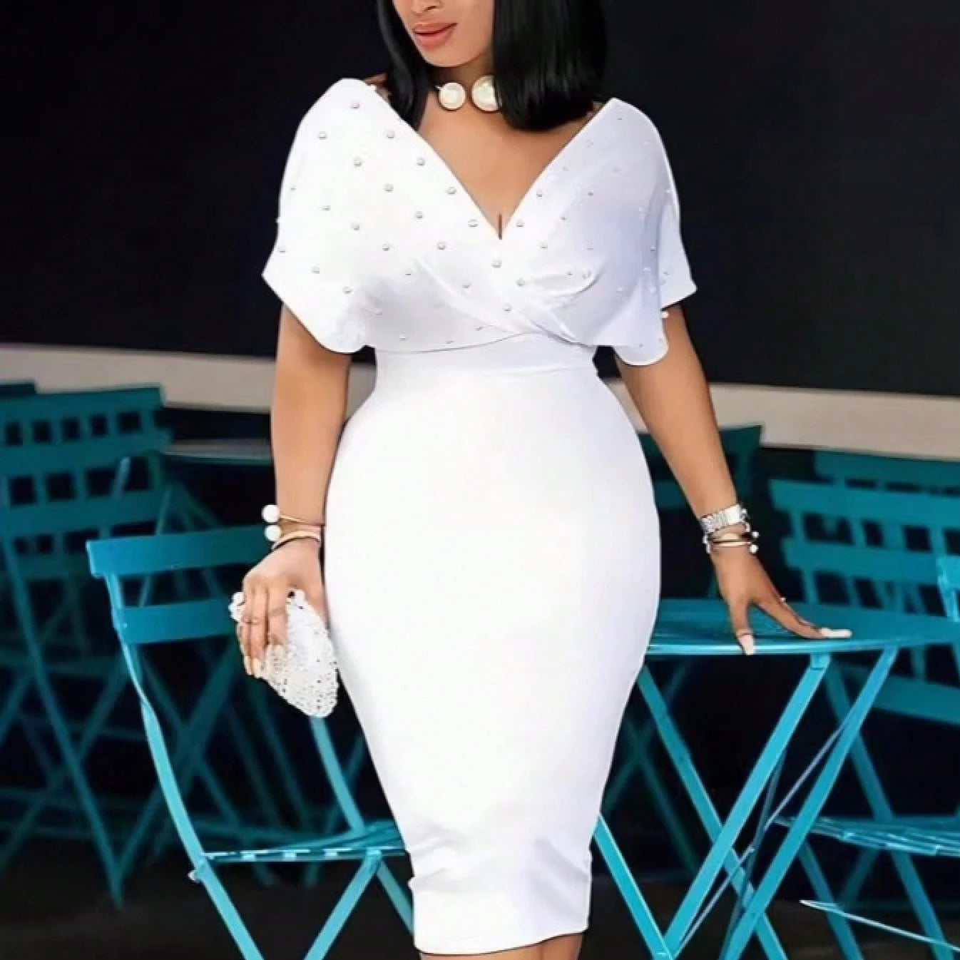2026 Summer New European Elegant Rhinestone V Neck Bodycon Waist Slim Short Sleeve Midi Dress