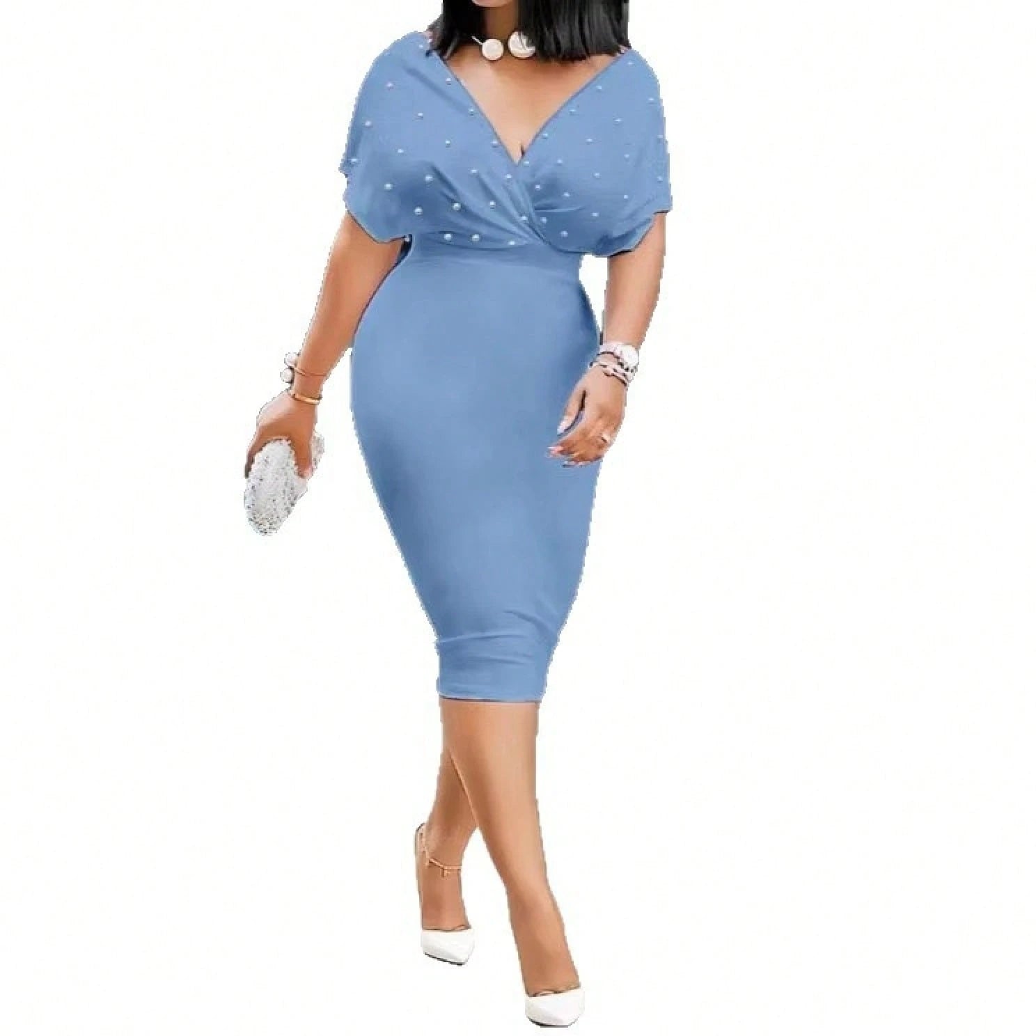 2026 Summer New European Elegant Rhinestone V Neck Bodycon Waist Slim Short Sleeve Midi Dress