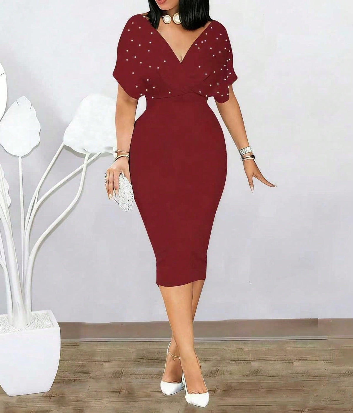 2026 Summer New European Elegant Rhinestone V Neck Bodycon Waist Slim Short Sleeve Midi Dress