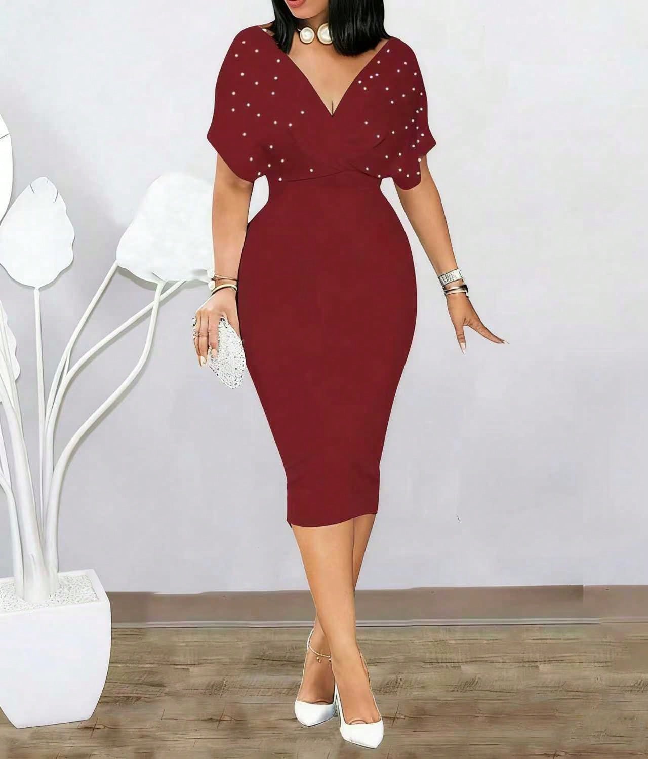 2026 Summer New European Elegant Rhinestone V Neck Bodycon Waist Slim Short Sleeve Midi Dress