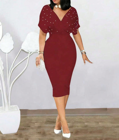2026 Summer New European Elegant Rhinestone V Neck Bodycon Waist Slim Short Sleeve Midi Dress