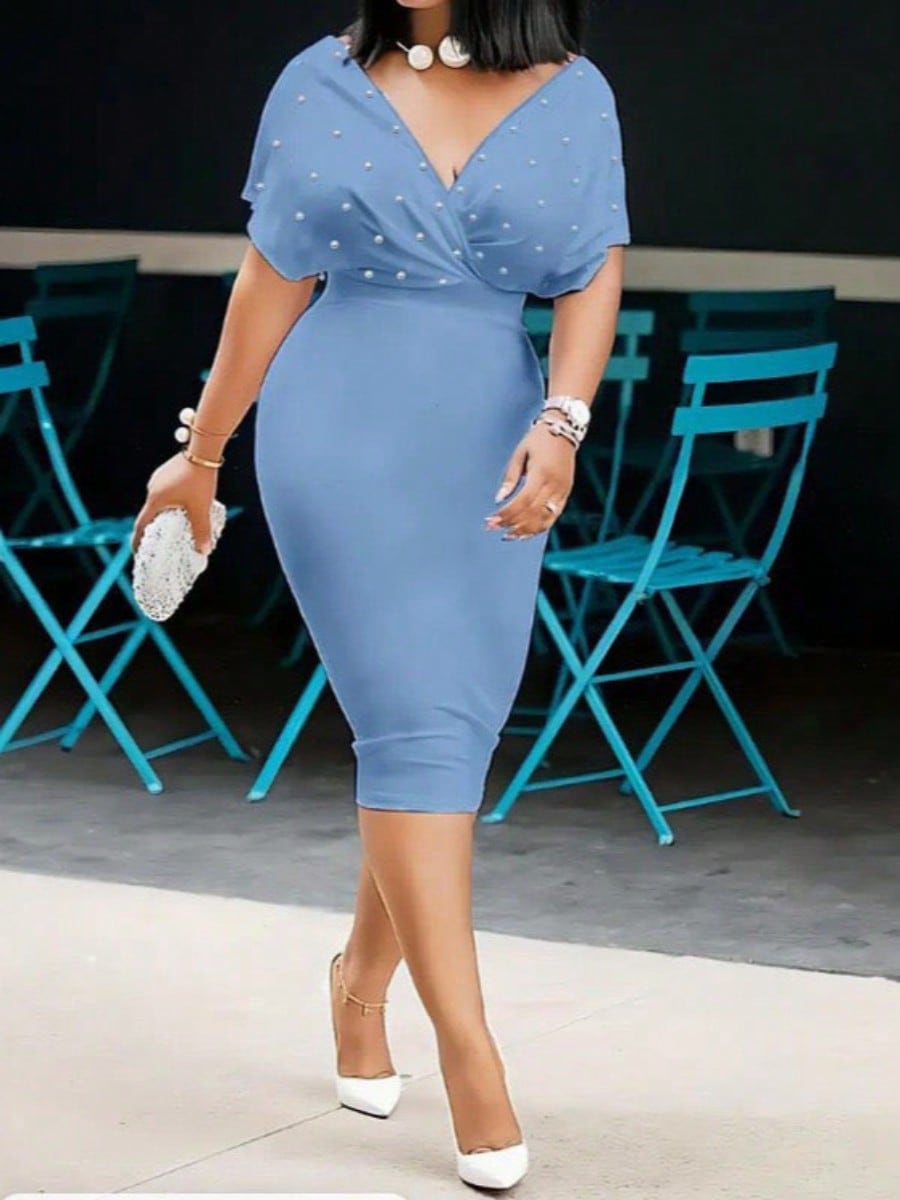 2026 Summer New European Elegant Rhinestone V Neck Bodycon Waist Slim Short Sleeve Midi Dress