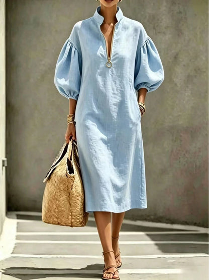 2026 Summer New Stand Collar Half Zip Puff Sleeve Loose Midi Shirt Dress