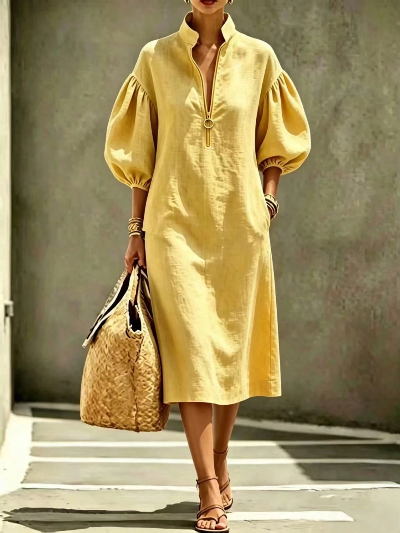 2026 Summer New Stand Collar Half Zip Puff Sleeve Loose Midi Shirt Dress