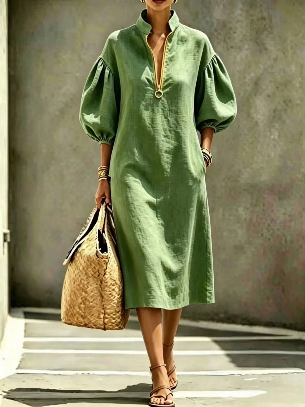2026 Summer New Stand Collar Half Zip Puff Sleeve Loose Midi Shirt Dress