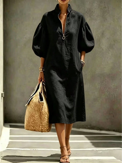 2026 Summer New Stand Collar Half Zip Puff Sleeve Loose Midi Shirt Dress