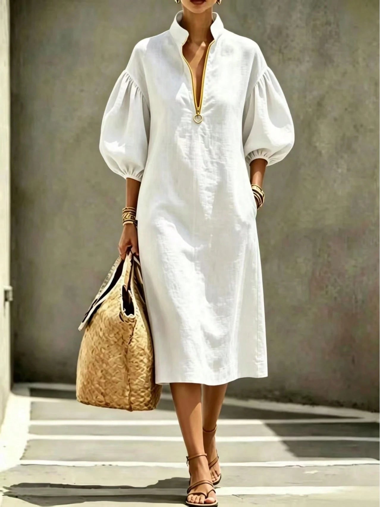 2026 Summer New Stand Collar Half Zip Puff Sleeve Loose Midi Shirt Dress