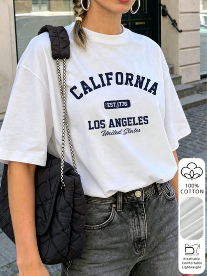 2026 Summer New Women's Los Angeles Letter Print Cotton Loose Short Sleeve T-Shirt, Casual Versatile Top White