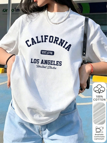 2026 Summer New Women's Los Angeles Letter Print Cotton Loose Short Sleeve T-Shirt, Casual Versatile Top White