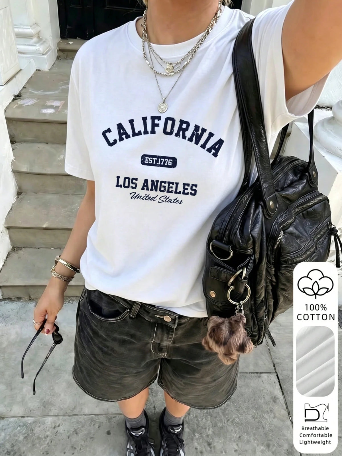 2026 Summer New Women's Los Angeles Letter Print Cotton Loose Short Sleeve T-Shirt, Casual Versatile Top White