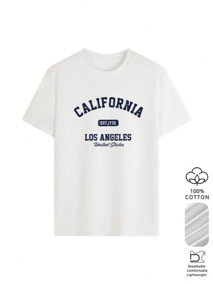 2026 Summer New Women's Los Angeles Letter Print Cotton Loose Short Sleeve T-Shirt, Casual Versatile Top White