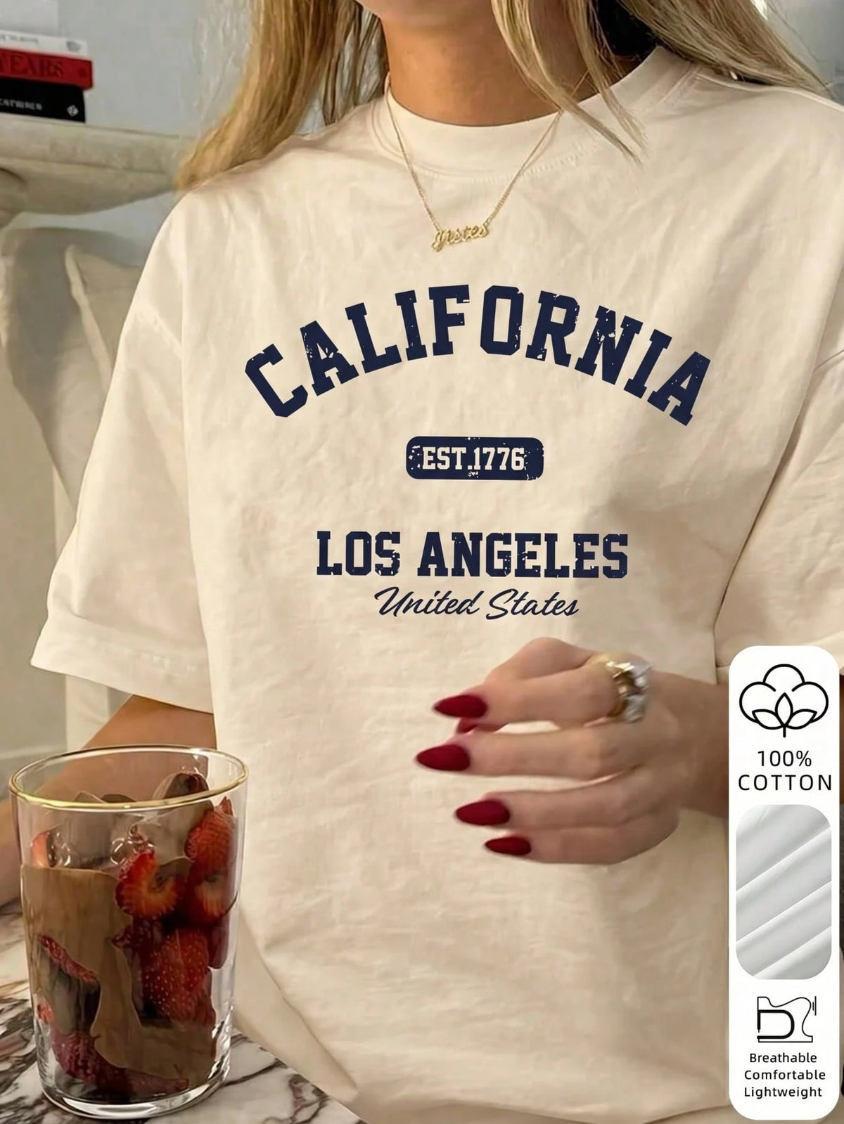2026 Summer New Women's Los Angeles Letter Print Cotton Loose Short Sleeve T-Shirt, Casual Versatile Top White