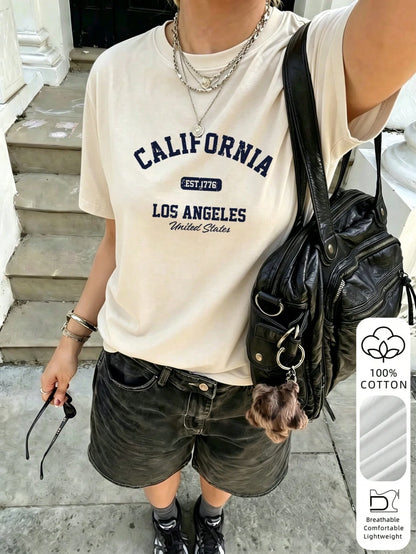 2026 Summer New Women's Los Angeles Letter Print Cotton Loose Short Sleeve T-Shirt, Casual Versatile Top White
