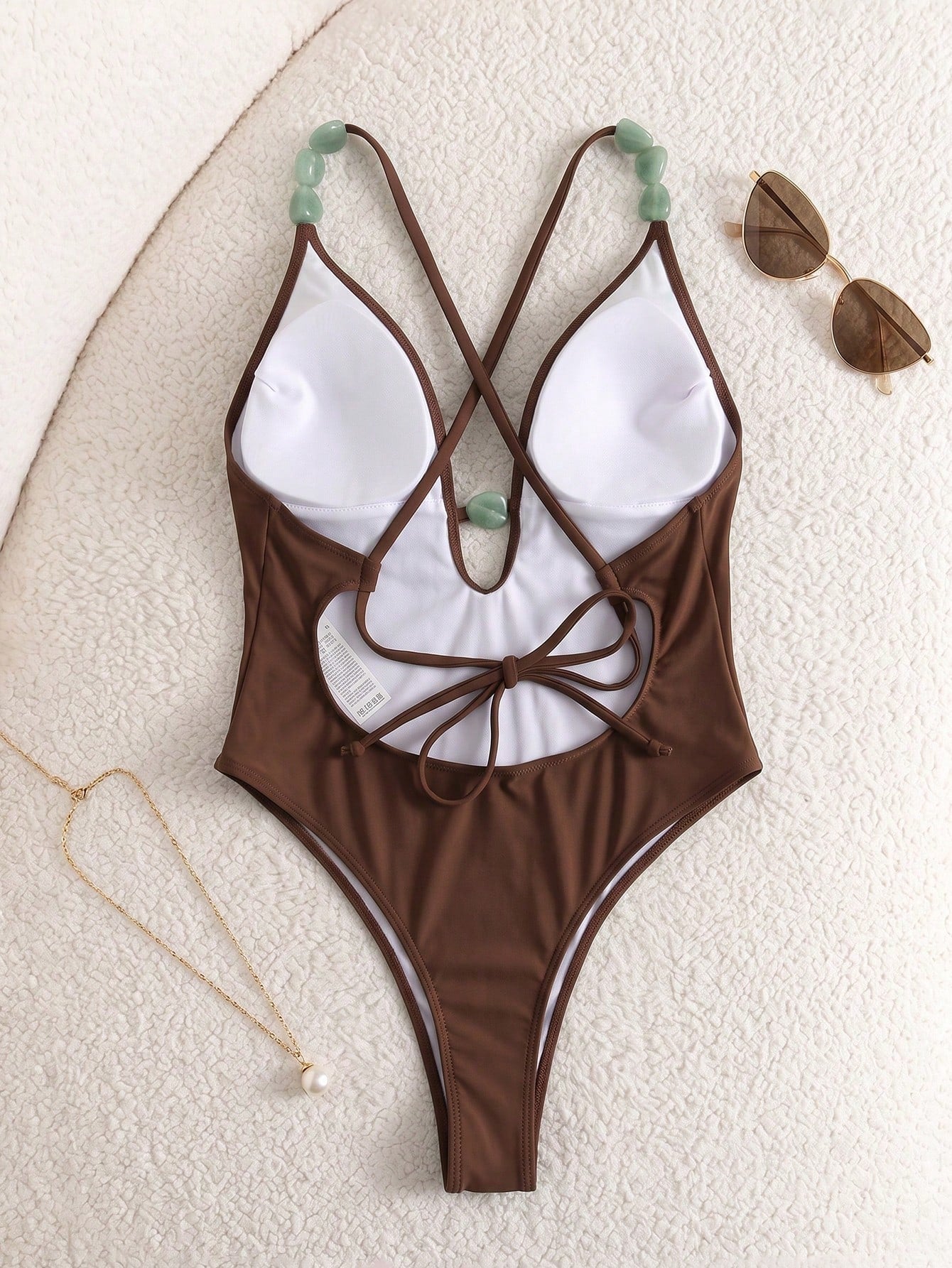 2026 Summer Women's Solid Color Sexy Beaded Back Cutout 1pc Sexy Knit Fabric Back Tie Beaded Vacation Beach Date