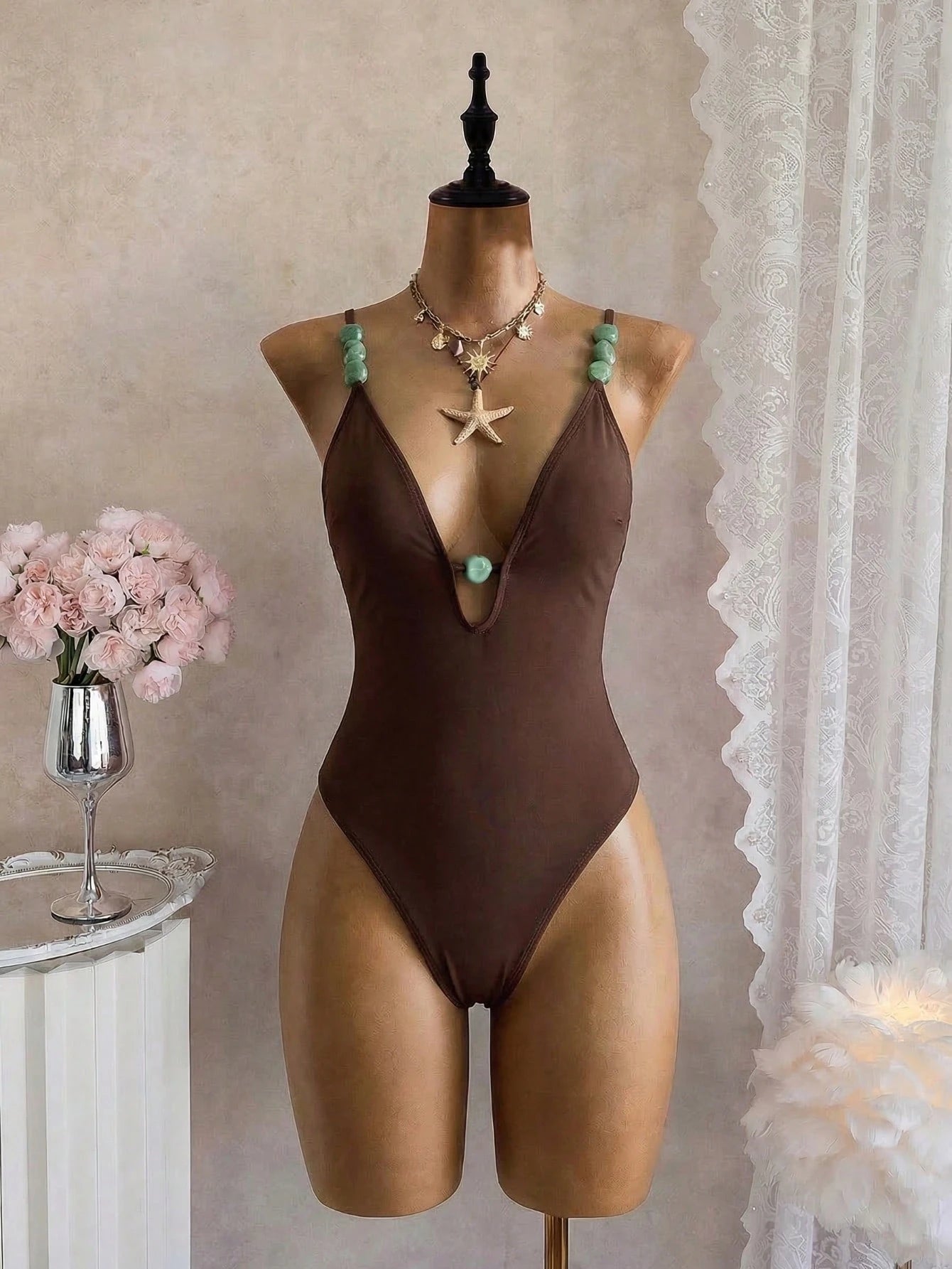 2026 Summer Women's Solid Color Sexy Beaded Back Cutout 1pc Sexy Knit Fabric Back Tie Beaded Vacation Beach Date