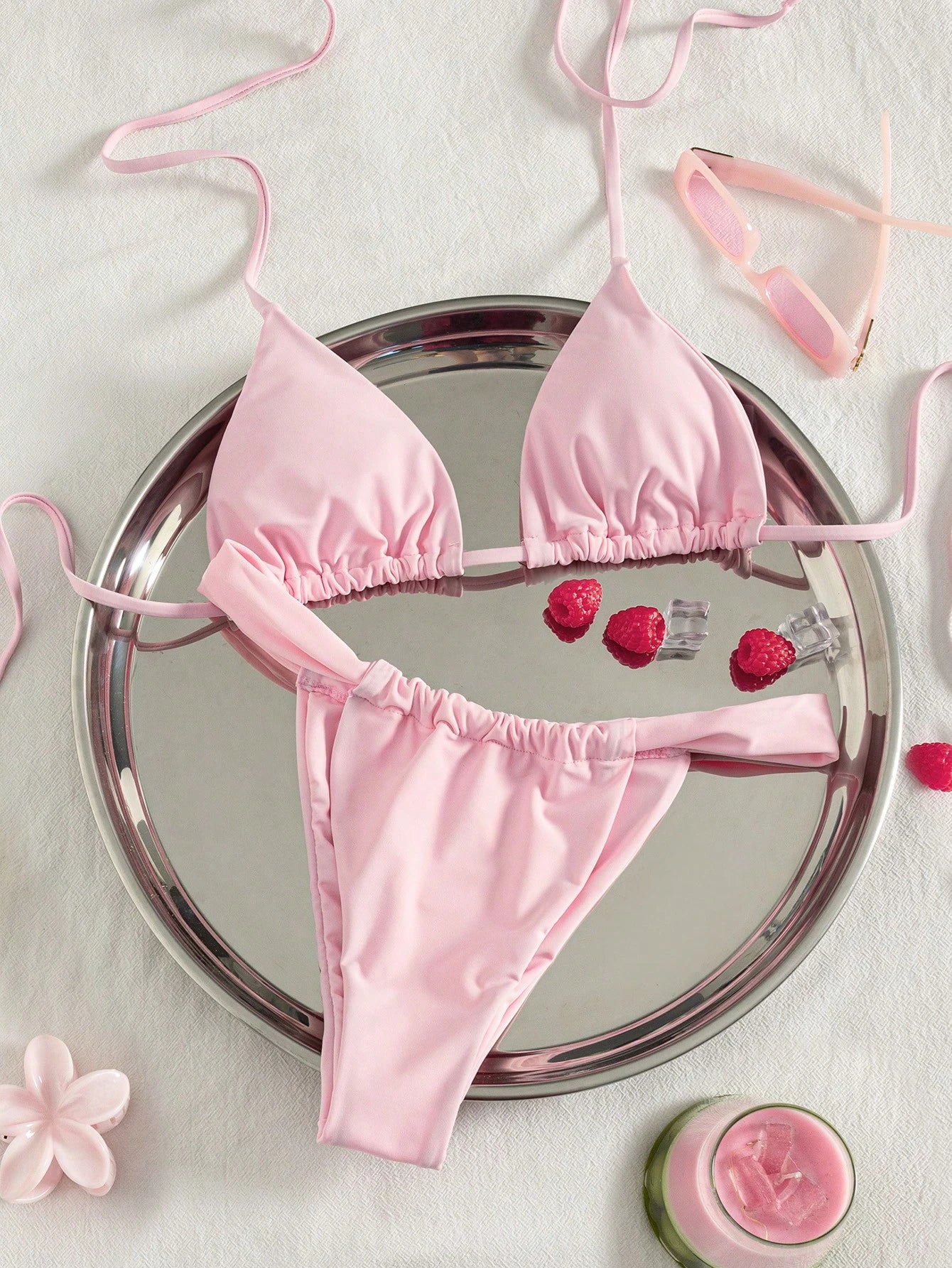 2026 Women's Beach Summer Swimwear Set Random Print Spaghetti Strap Sexy Bikini, Summer Set, Elegant, Valentine's Day, Beach, Vacation, Carnival Pink, Resort Wear