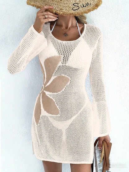 2026 Women's Crochet Floral Beach Cover Up, Bohemian Style Summer Dress Vacation White