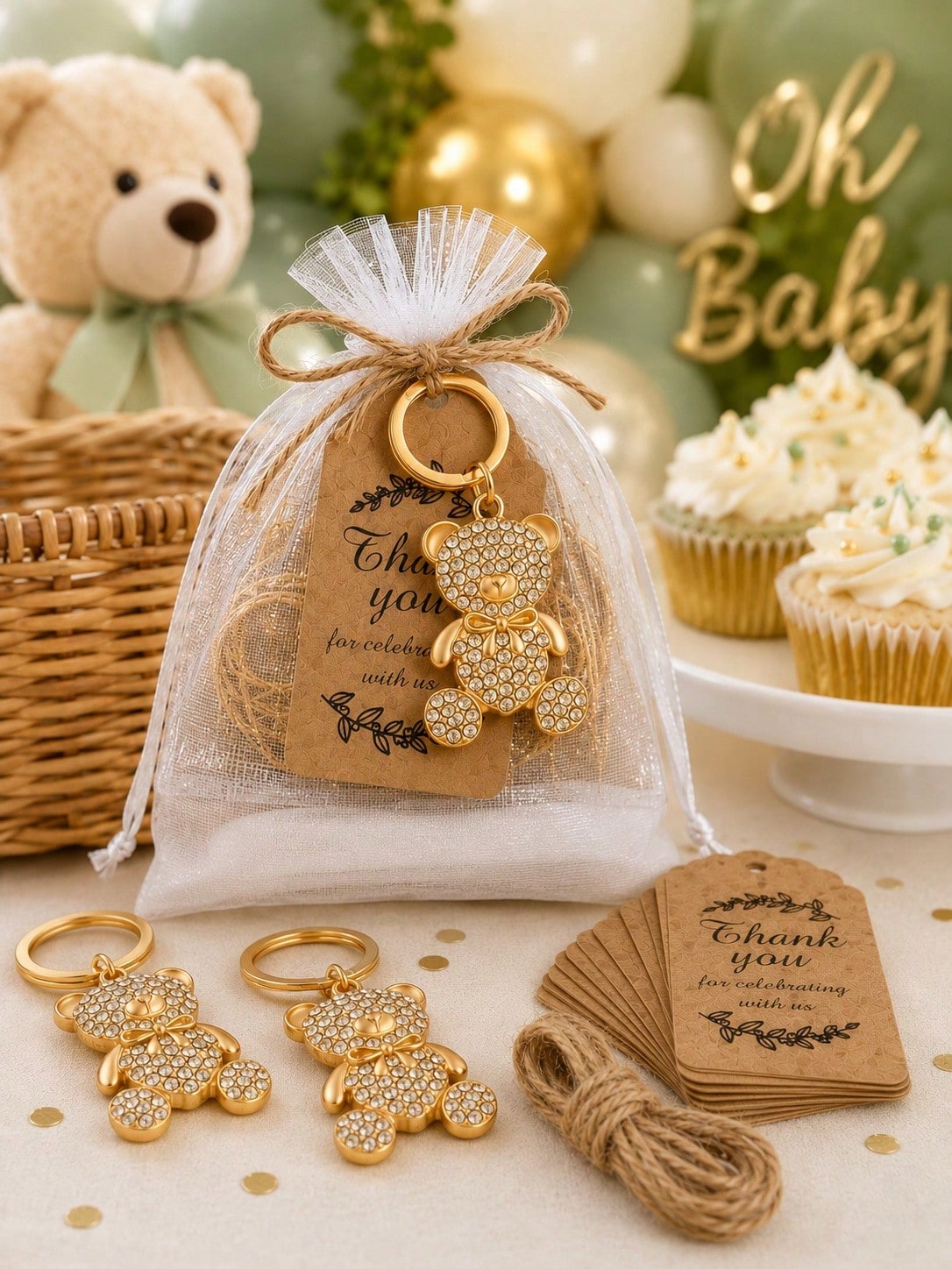 20pcs Gold Teddy Bear Keychain Set, Baby Shower Party Supplies, Baby Shower Guest Gifts, Baby Shower Party Favors, Gender Reveal Party Supplies