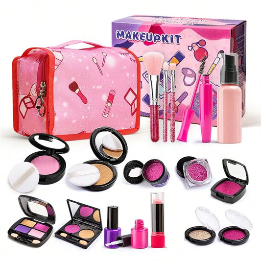21pcs Realistic Makeup Toy Set For Little Girls, Includes Fake Lipstick, 3 Makeup Brushes, Blush, Dual-Color Eyeshadow, Glitter, Powder Puff, Lotion Bottle, Mascara, Powder Compact, Quad Eyeshadow, Du
