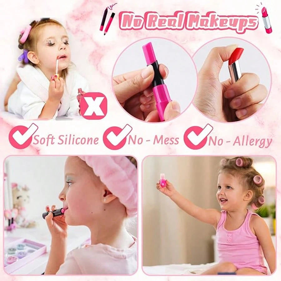 21pcs Realistic Makeup Toy Set For Little Girls, Includes Fake Lipstick, 3 Makeup Brushes, Blush, Dual-Color Eyeshadow, Glitter, Powder Puff, Lotion Bottle, Mascara, Powder Compact, Quad Eyeshadow, Du
