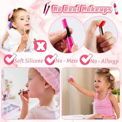 21pcs Realistic Makeup Toy Set For Little Girls, Includes Fake Lipstick, 3 Makeup Brushes, Blush, Dual-Color Eyeshadow, Glitter, Powder Puff, Lotion Bottle, Mascara, Powder Compact, Quad Eyeshadow, Du