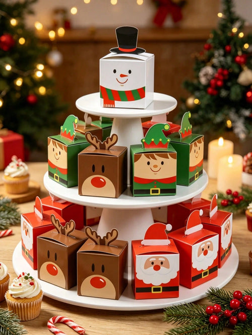 24pcs Christmas Gift Boxes, Santa Claus Reindeer Snowman Design Candy Boxes, Cookie Boxes, Christmas Party Gift Packaging Supplies, Christmas Stocking Fillers, Christmas Party Supplies, Christmas Home